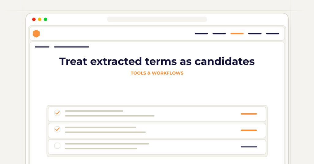 Symbolic publishing workflow for treat extracted terms as candidates