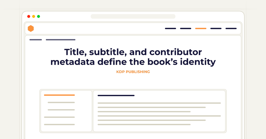 Symbolic review checklist for title, subtitle, and contributor metadata define the book’s identity