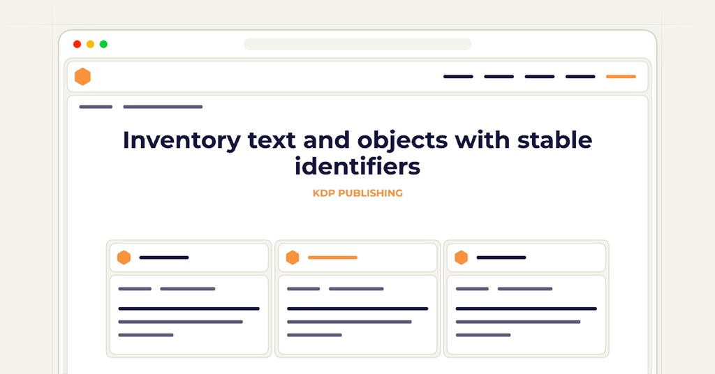Symbolic publishing workflow for inventory text and objects with stable identifiers