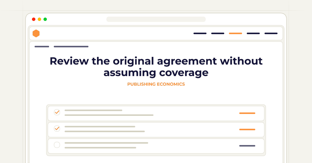 Symbolic publishing workflow for review the original agreement without assuming coverage