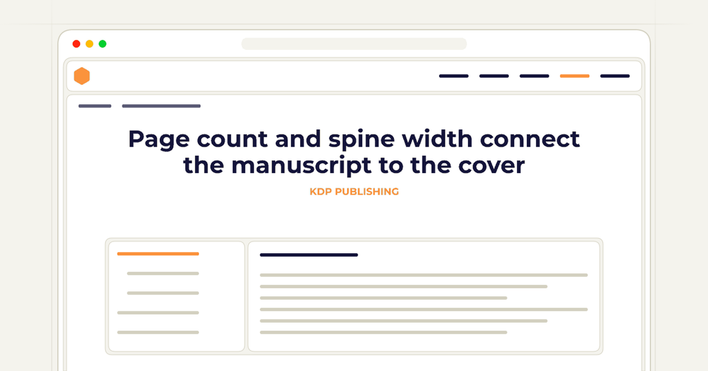 Symbolic review checklist for page count and spine width connect the manuscript to the cover