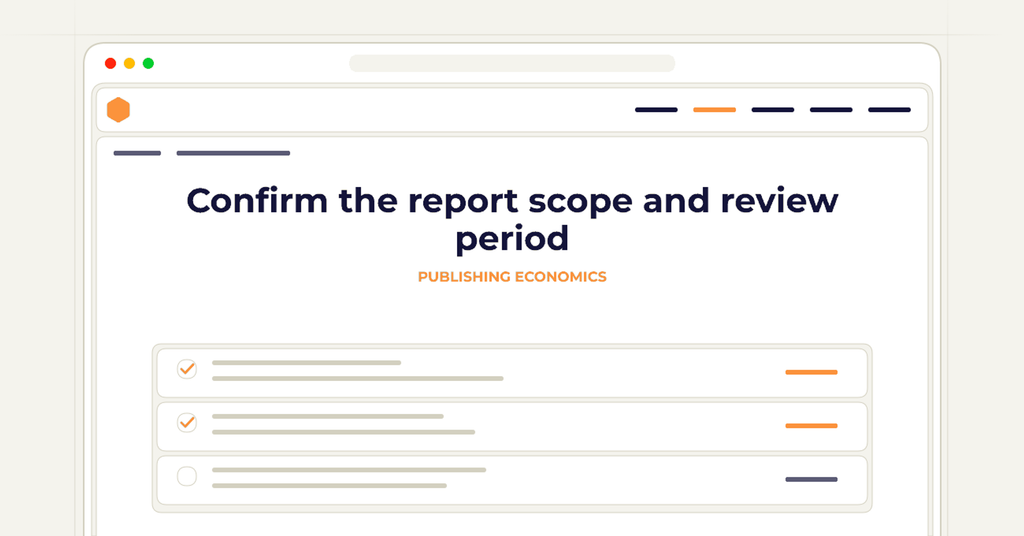 Symbolic publishing workflow for confirm the report scope and review period