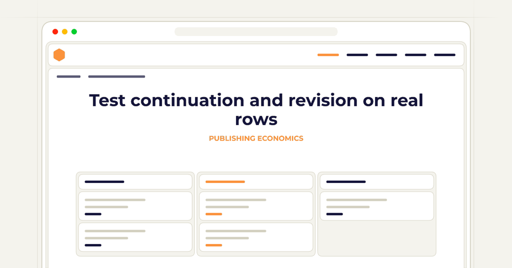 Symbolic review checklist for test continuation and revision on real rows
