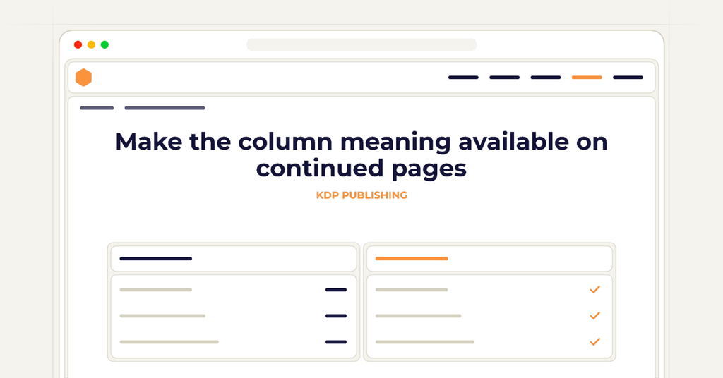 Symbolic publishing workflow for make the column meaning available on continued pages