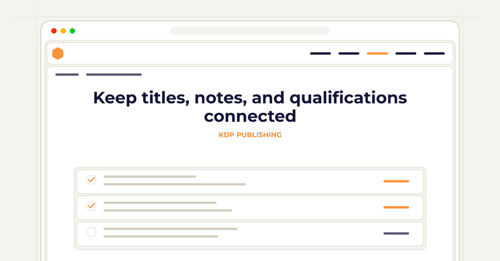 Symbolic review checklist for keep titles, notes, and qualifications connected