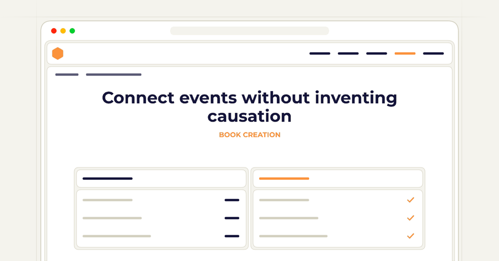 Symbolic review checklist for connect events without inventing causation