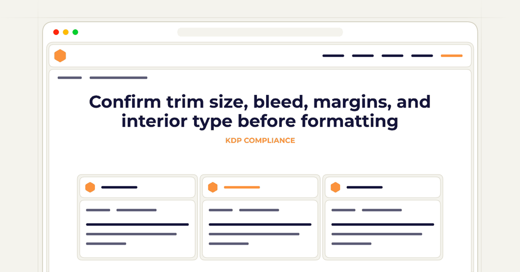 Symbolic review checklist for confirm trim size, bleed, margins, and interior type before formatting