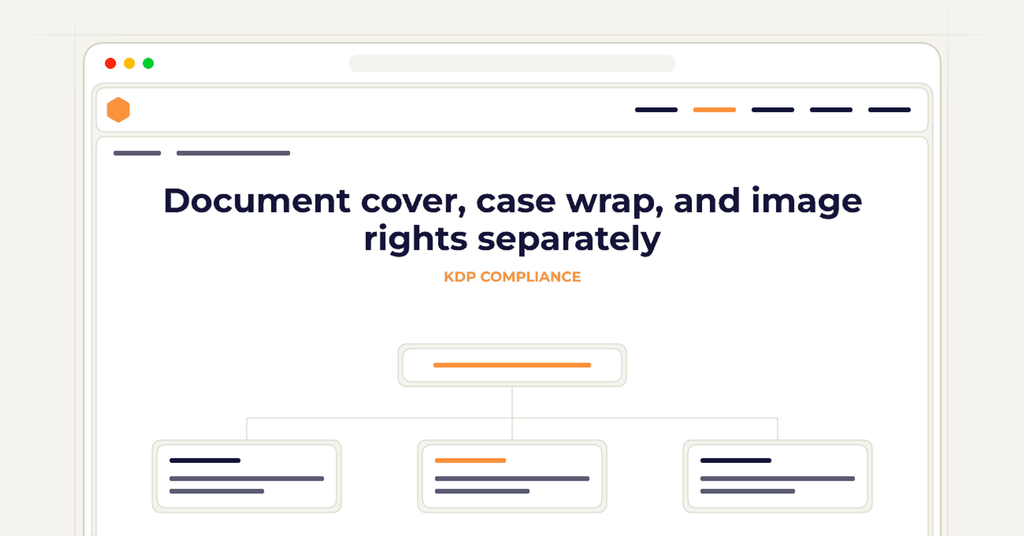 Symbolic review checklist for document cover, case wrap, and image rights separately