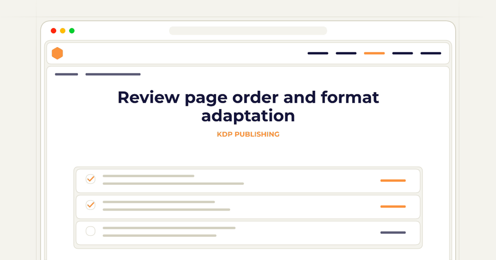 Symbolic review checklist for review page order and format adaptation
