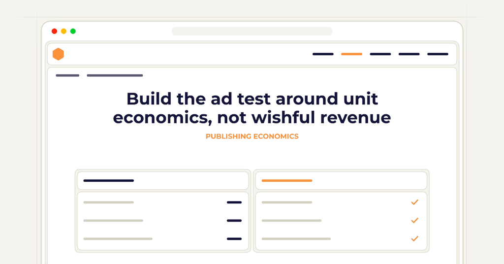 Symbolic publishing workflow for build the ad test around unit economics, not wishful revenue