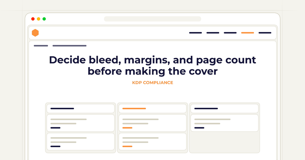 Symbolic review checklist for decide bleed, margins, and page count before making the cover