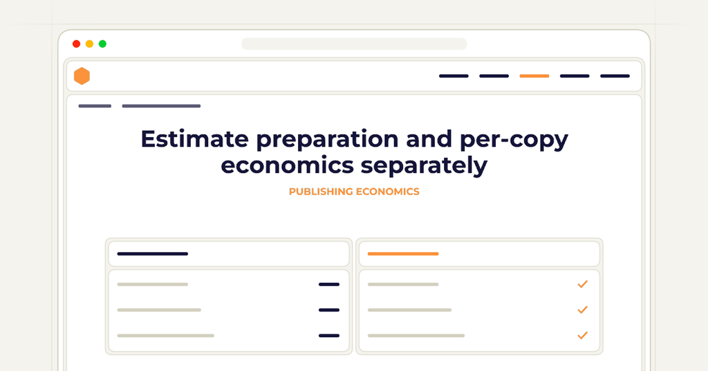 Symbolic review checklist for estimate preparation and per-copy economics separately