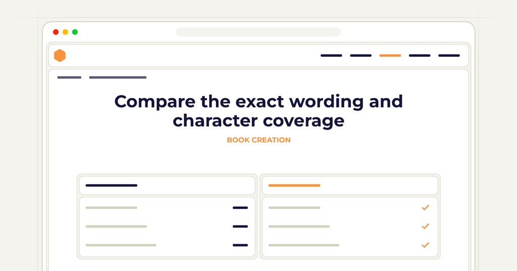 Symbolic publishing workflow for compare the exact wording and character coverage