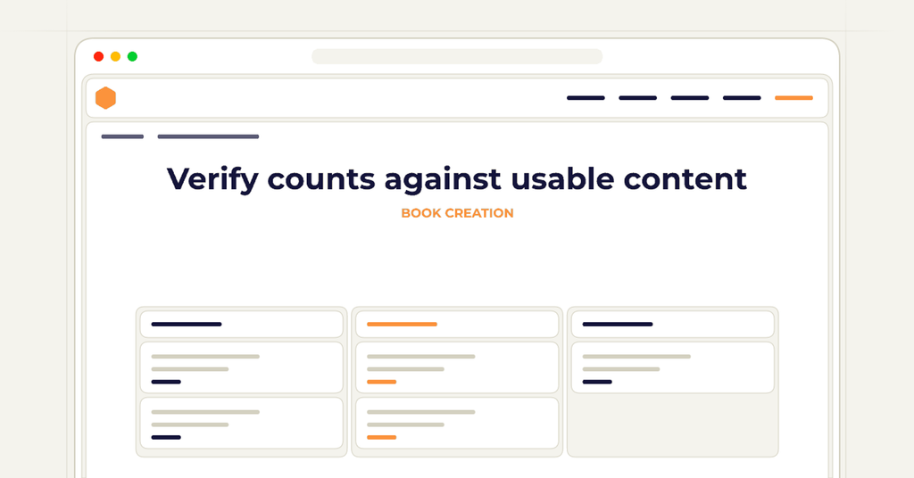 Symbolic publishing workflow for verify counts against usable content