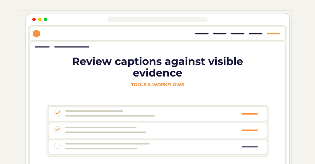 Symbolic review checklist for review captions against visible evidence