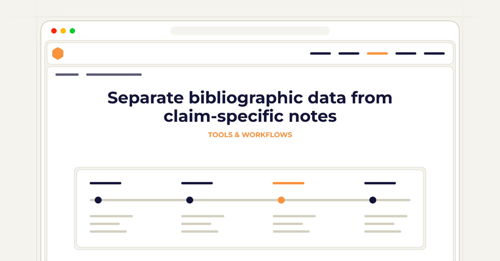 Symbolic publishing workflow for separate bibliographic data from claim-specific notes