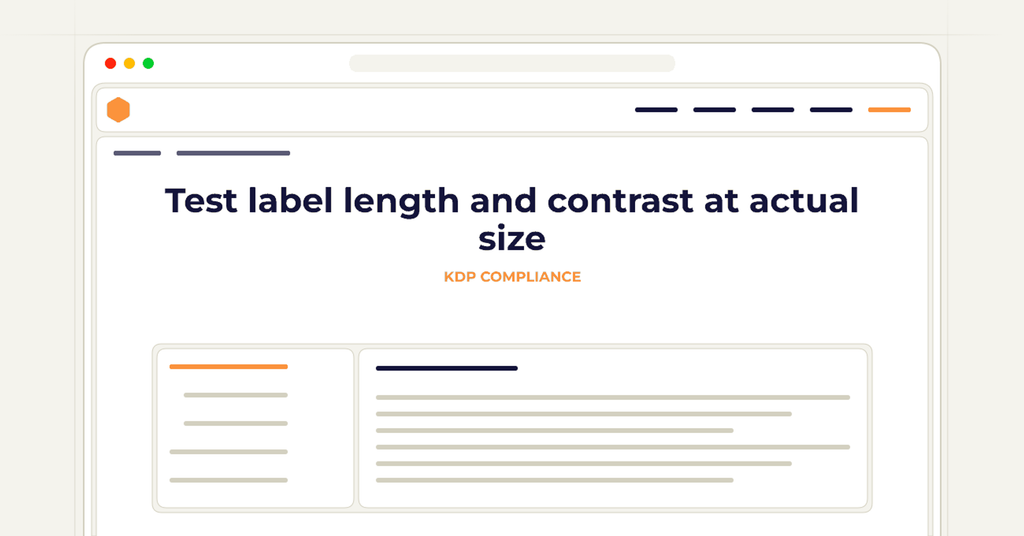 Symbolic review checklist for test label length and contrast at actual size