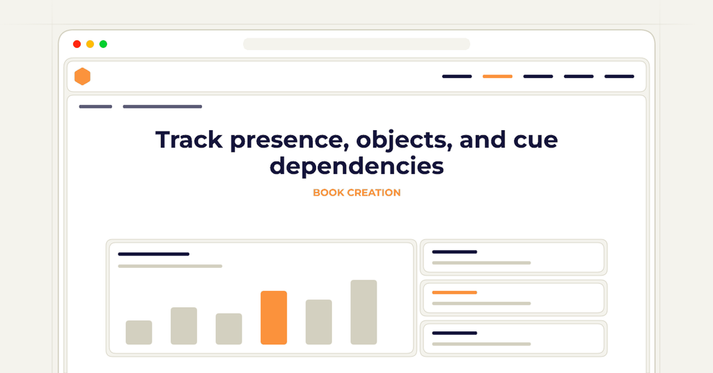 Symbolic review checklist for track presence, objects, and cue dependencies