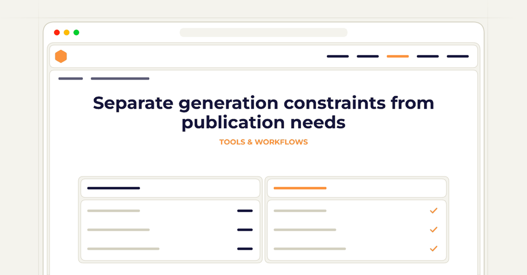 Symbolic publishing workflow for separate generation constraints from publication needs