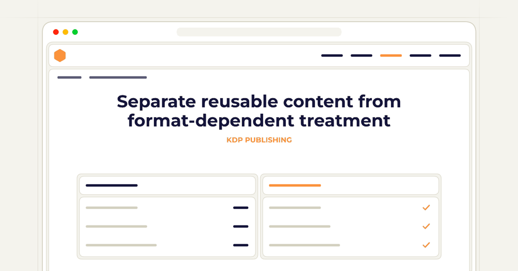 Symbolic publishing workflow for separate reusable content from format-dependent treatment
