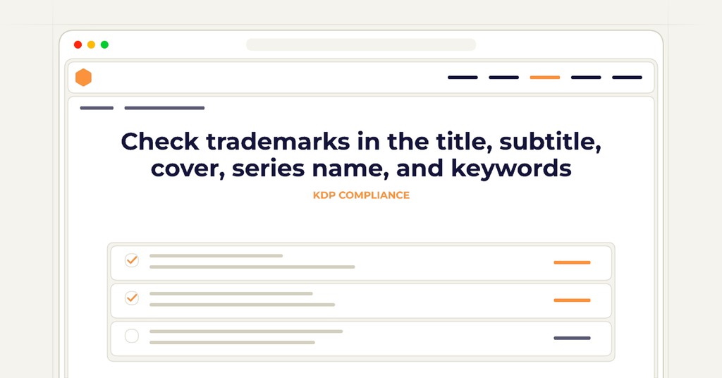Symbolic review checklist for check trademarks in the title, subtitle, cover, series name, and keywords