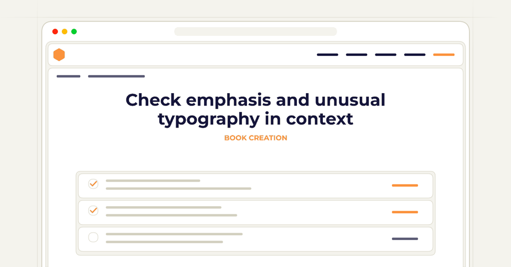 Symbolic review checklist for check emphasis and unusual typography in context