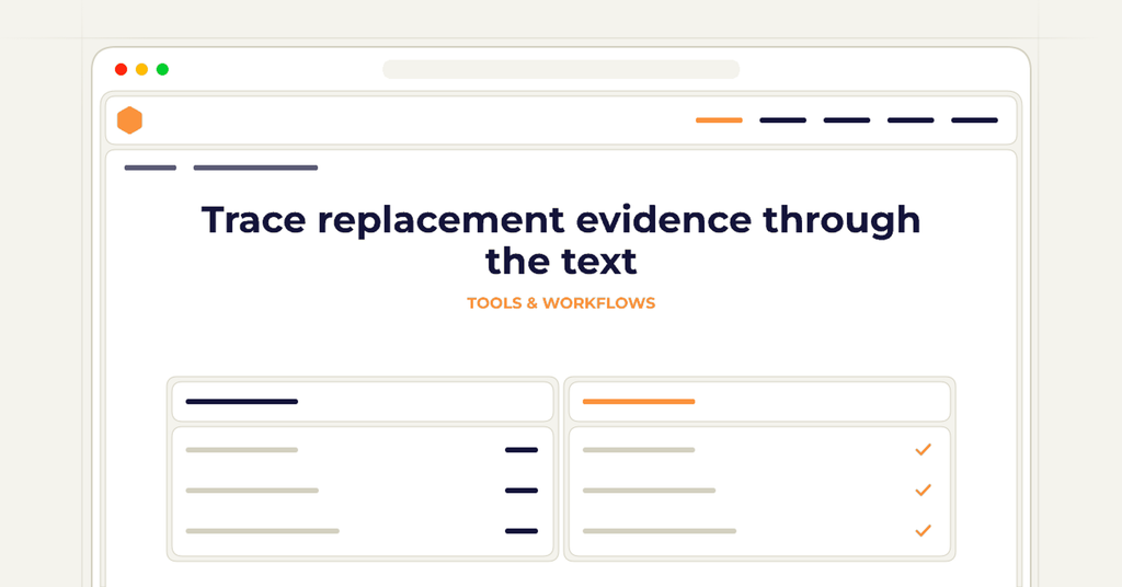 Symbolic review checklist for trace replacement evidence through the text
