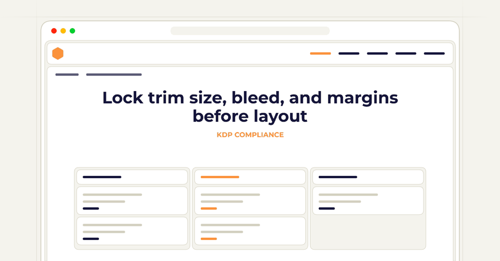 Symbolic publishing workflow for lock trim size, bleed, and margins before layout