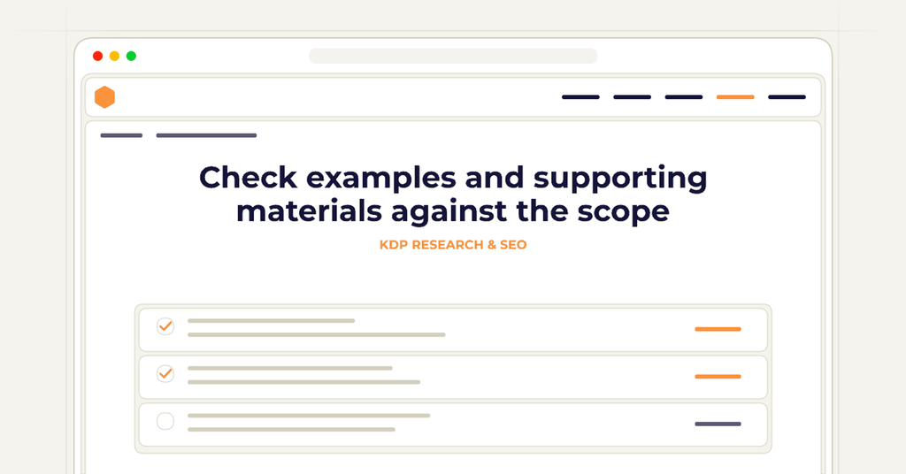 Symbolic review checklist for check examples and supporting materials against the scope