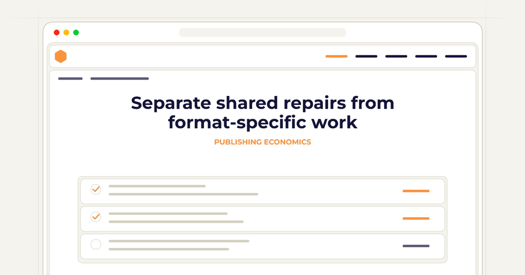 Symbolic publishing workflow for separate shared repairs from format-specific work