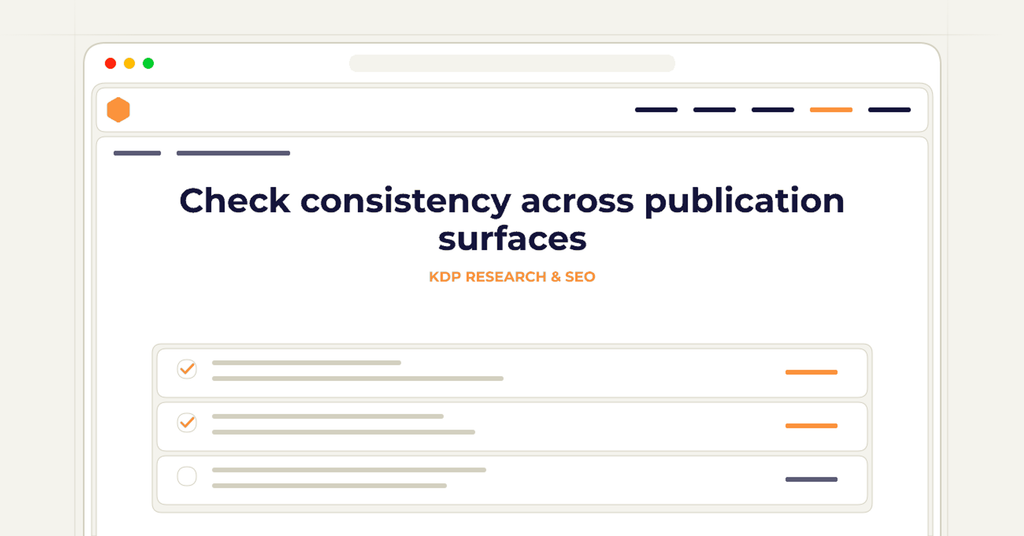 A symbolic browser checklist illustrating how to check consistency across publication surfaces.