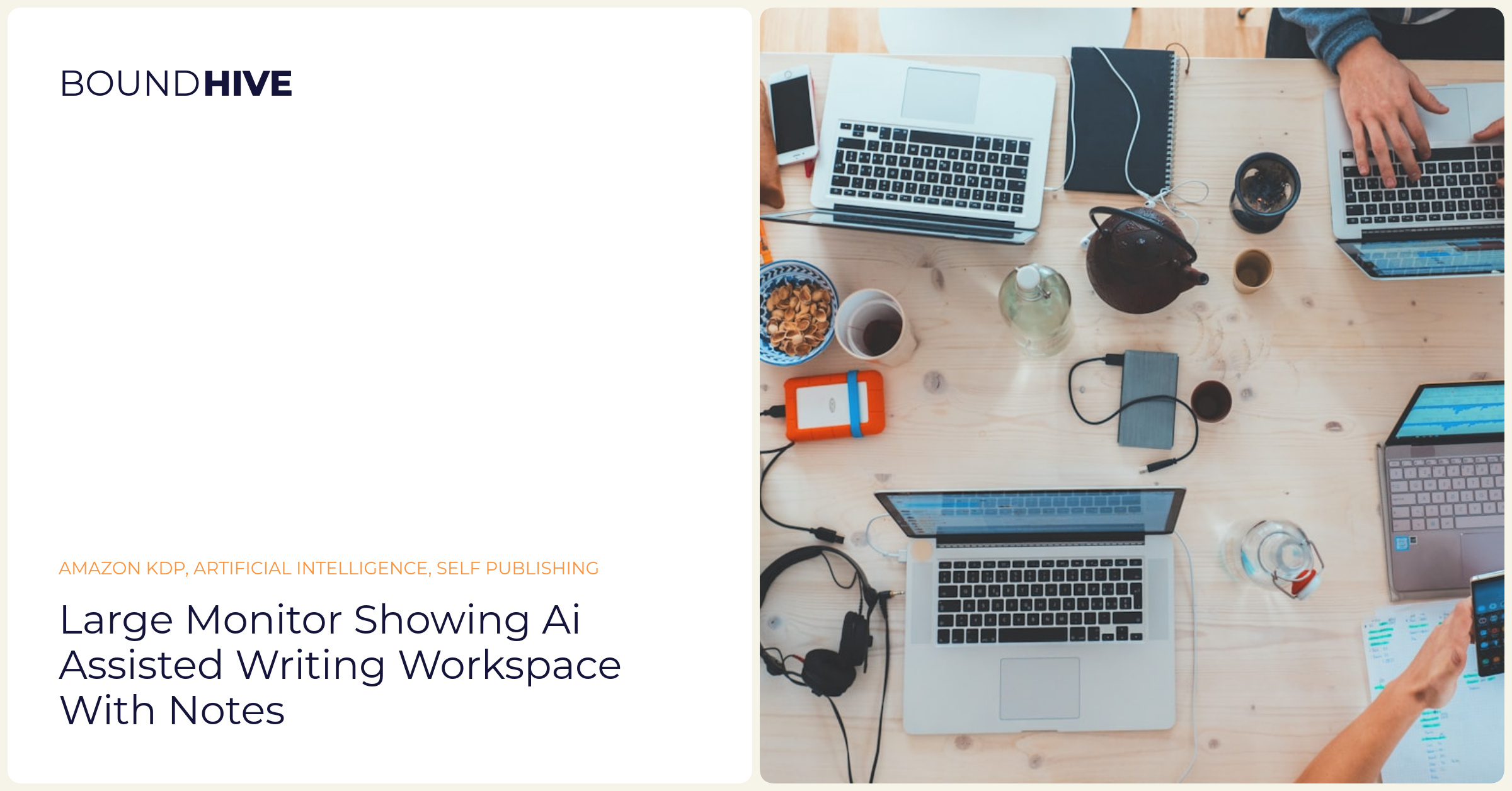 Large monitor showing AI assisted writing workspace with notes