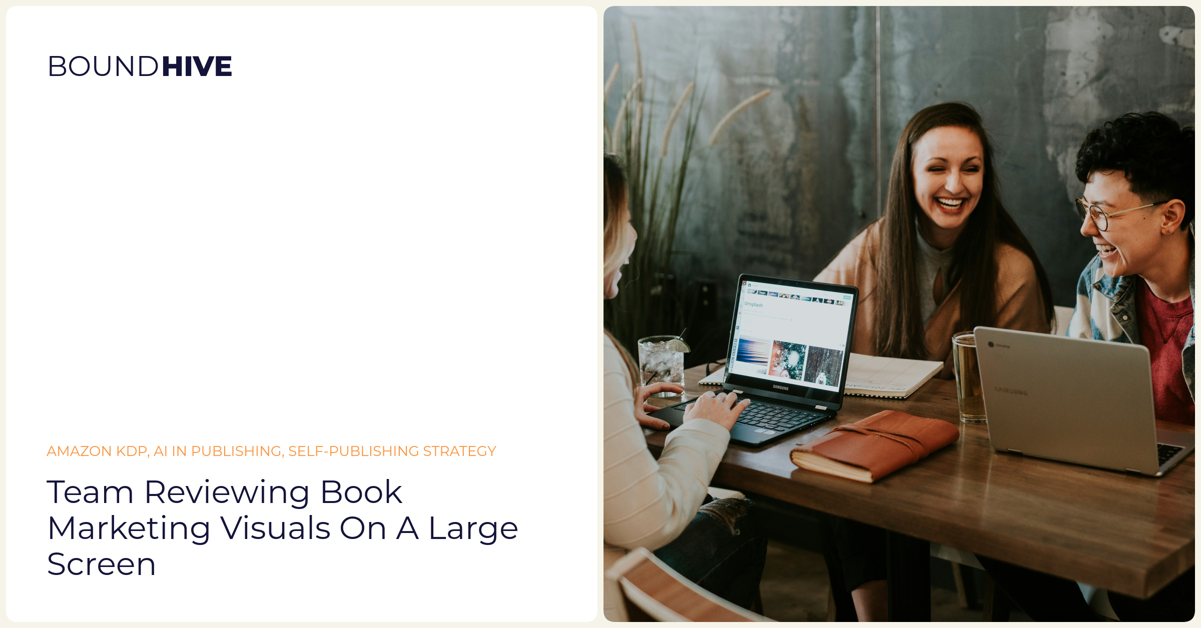 Team reviewing book marketing visuals on a large screen