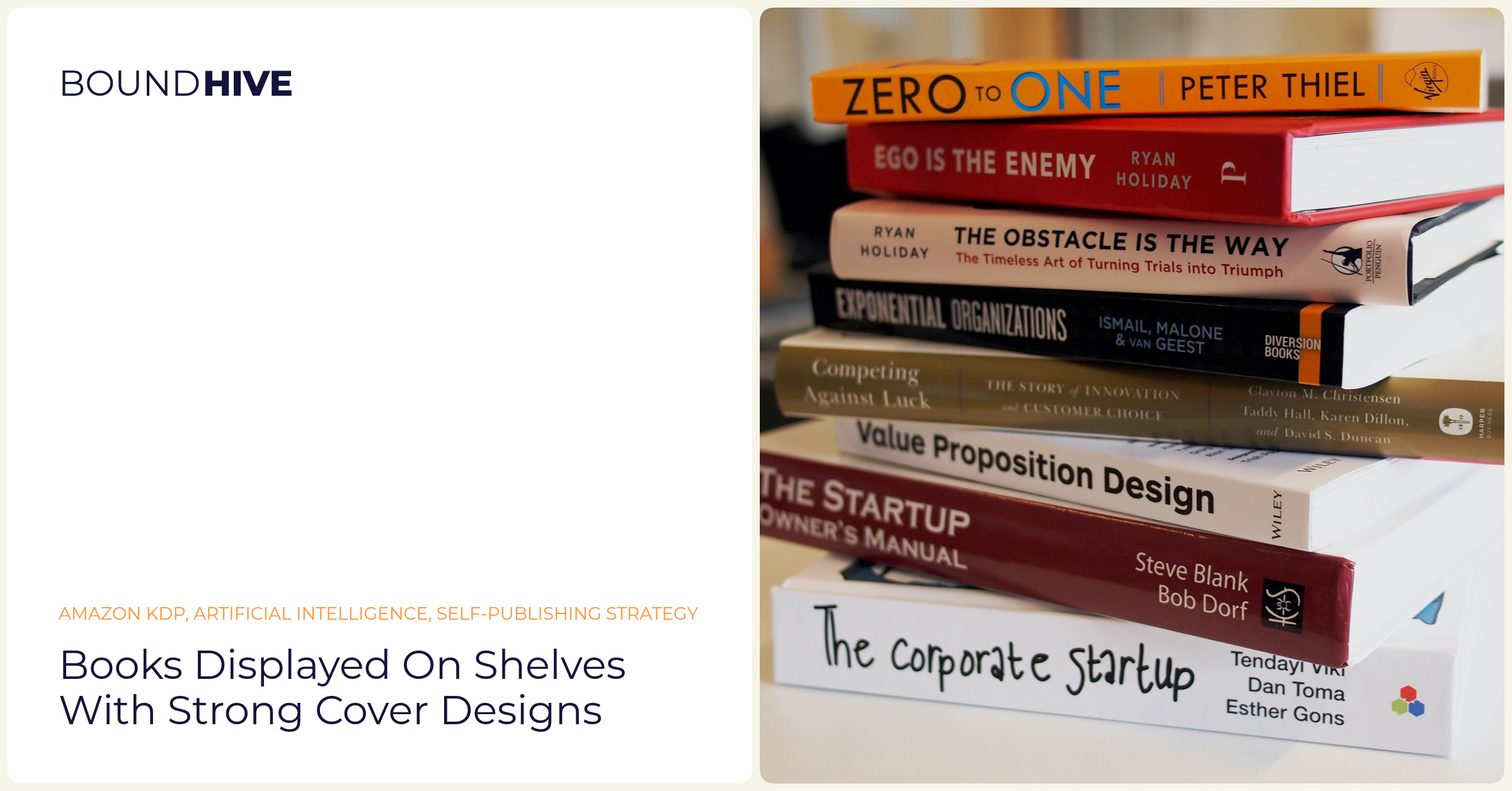 Books displayed on shelves with strong cover designs