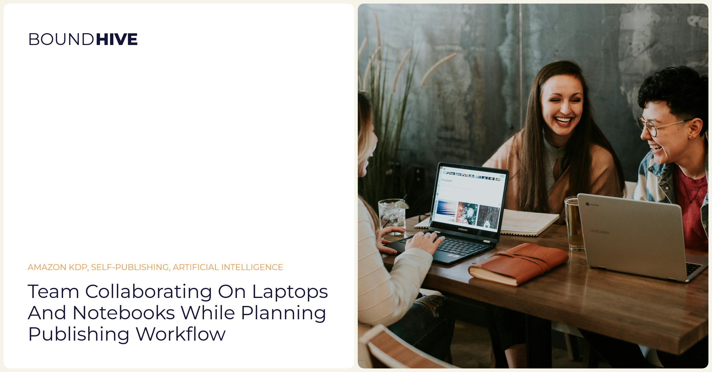 Team collaborating on laptops and notebooks while planning publishing workflow