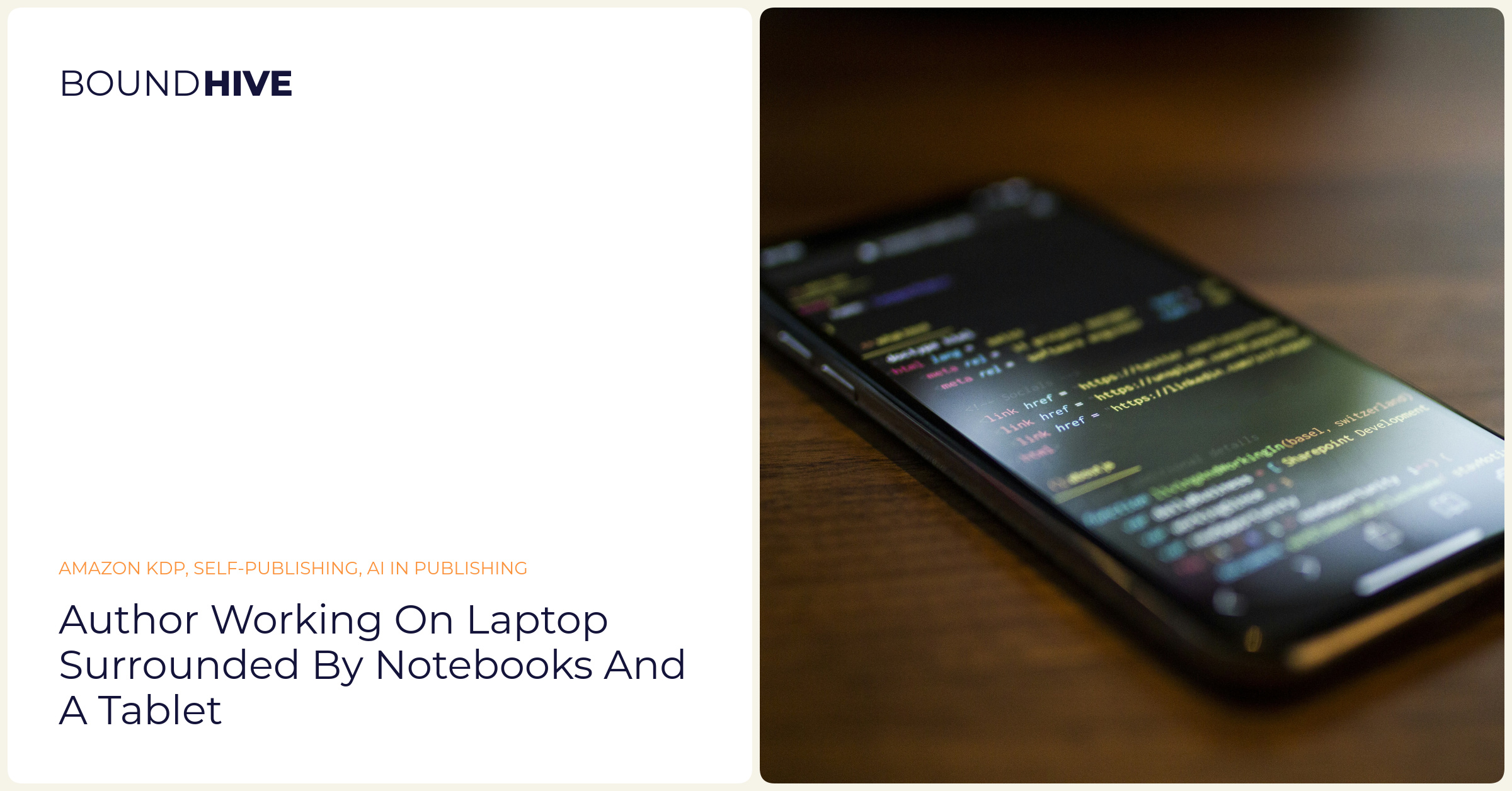 Author working on laptop surrounded by notebooks and a tablet