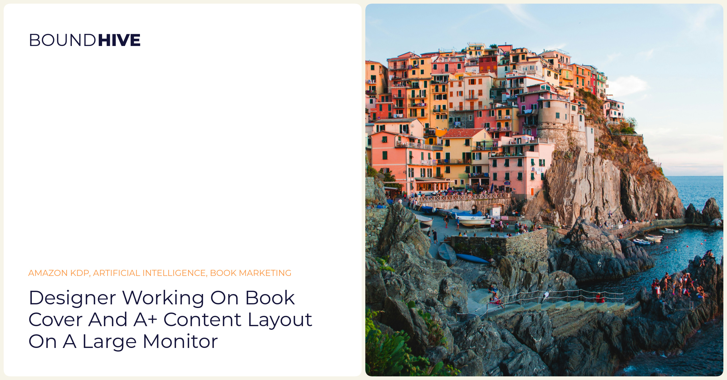 Designer working on book cover and A+ Content layout on a large monitor