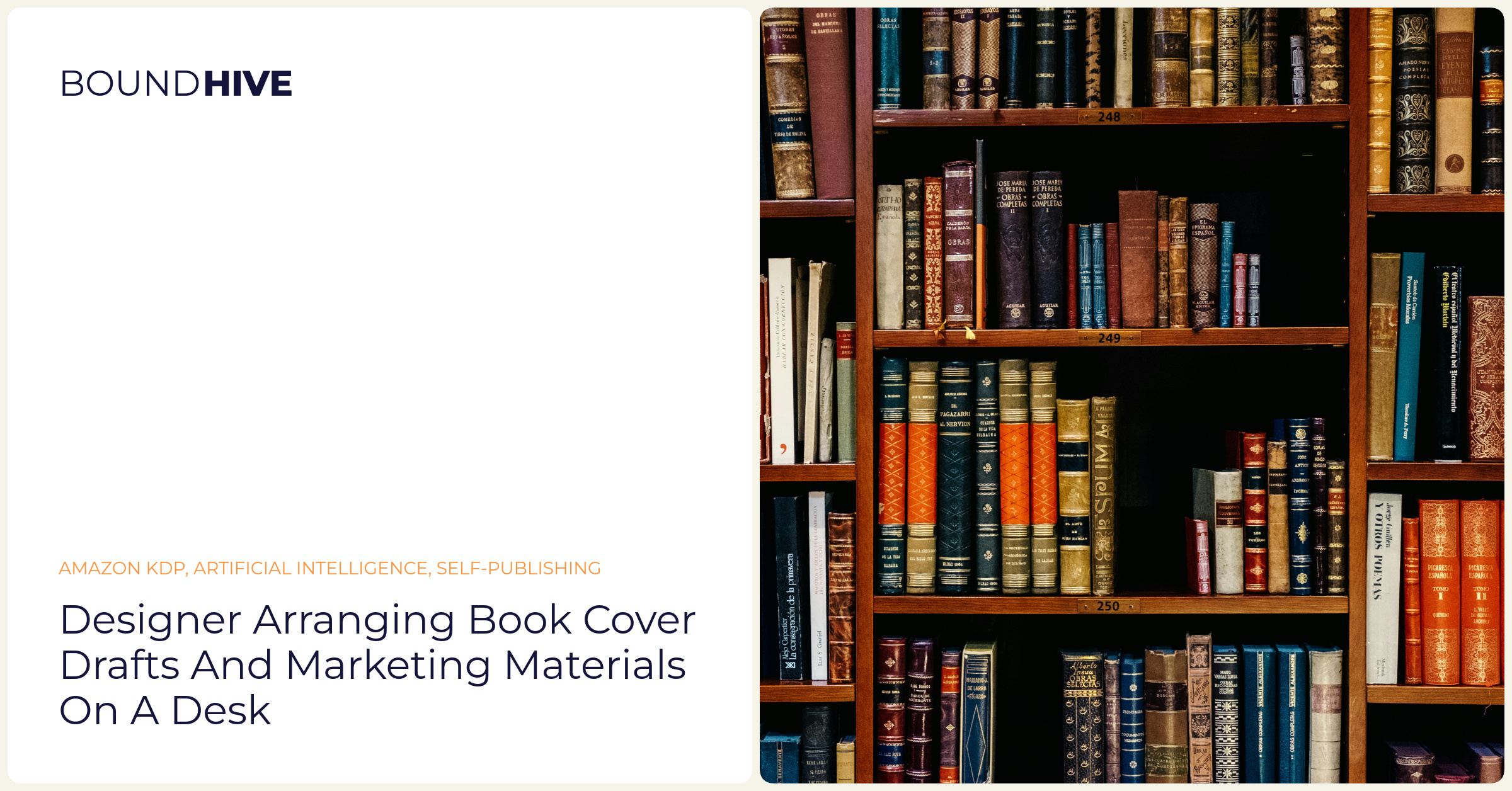 Designer arranging book cover drafts and marketing materials on a desk
