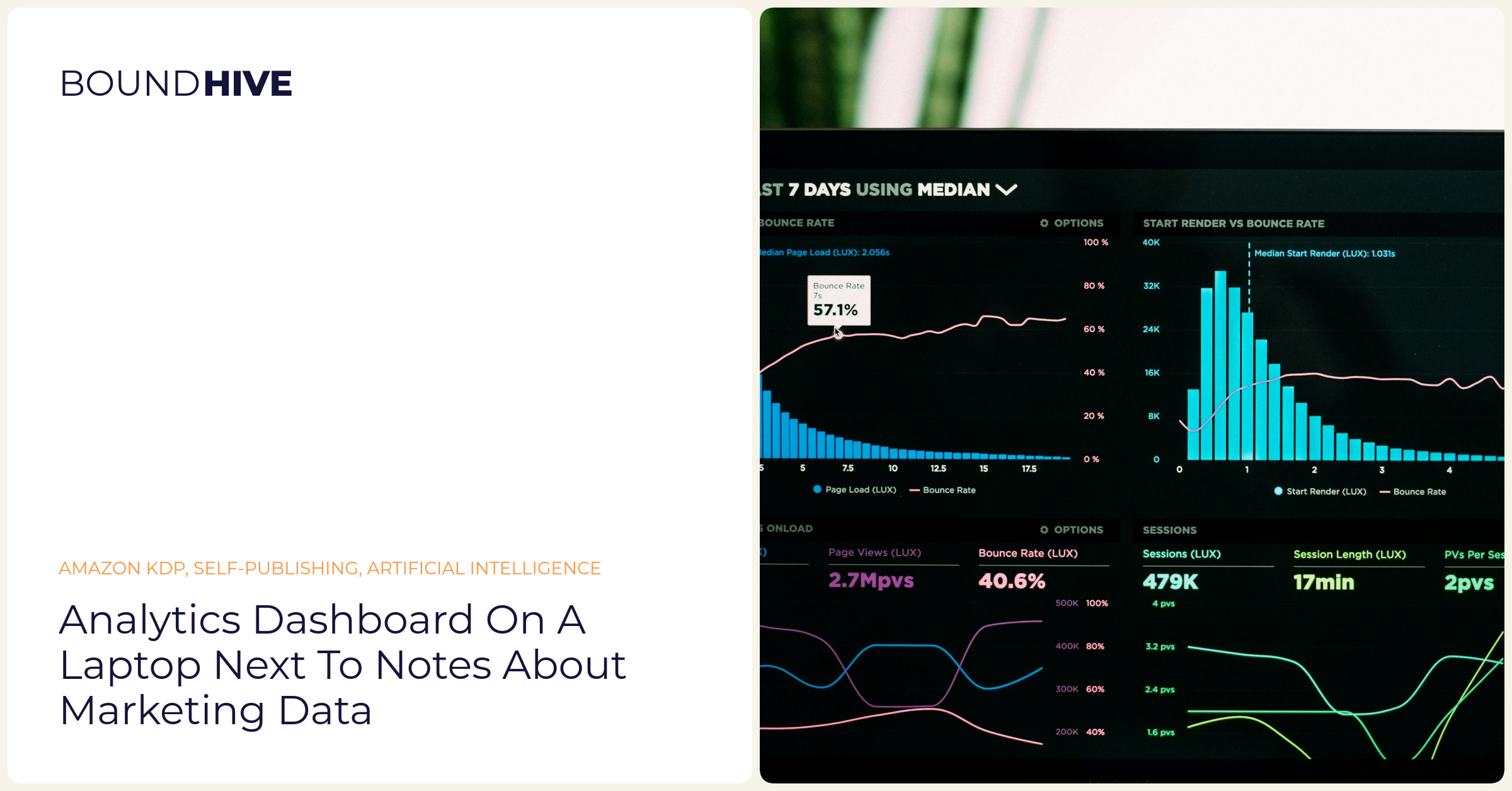 Analytics dashboard on a laptop next to notes about marketing data