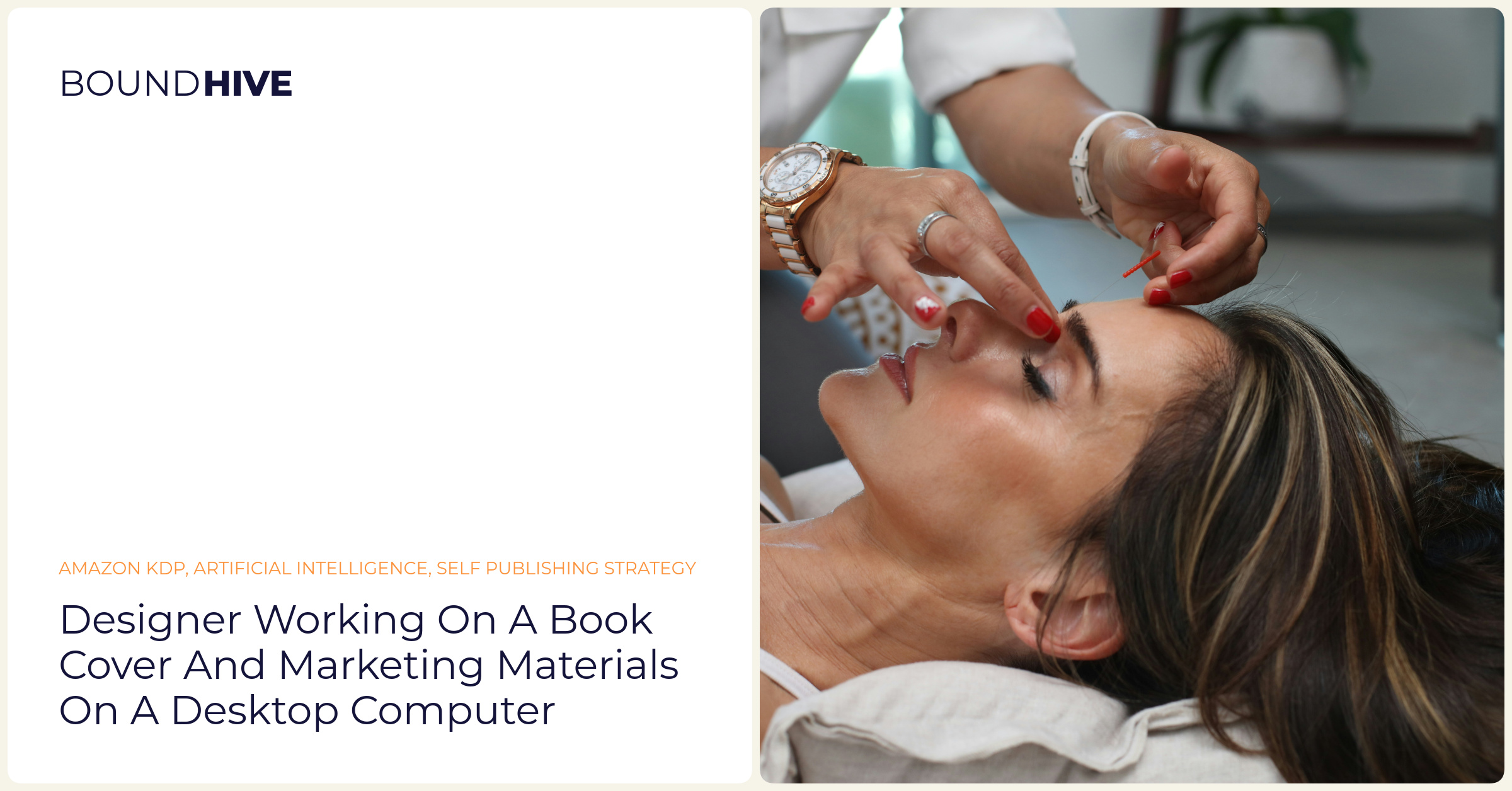 Designer working on a book cover and marketing materials on a desktop computer